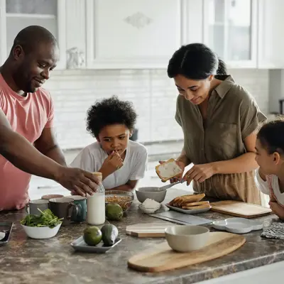 Family with children in kitchen
